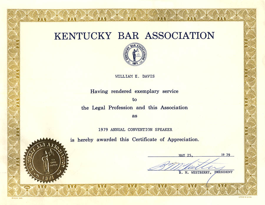 KY Bar Association Certificate of Appreciation